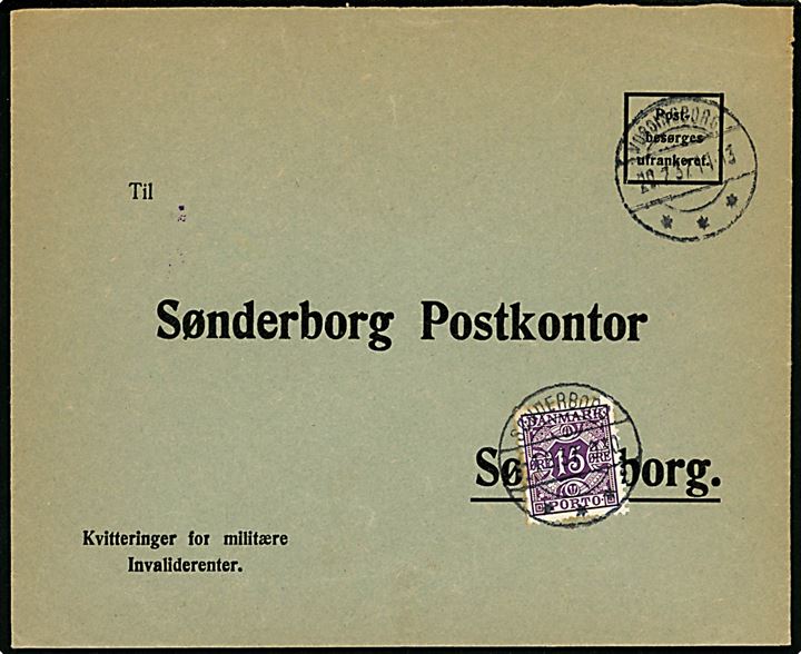 Ufrankeret svarkuvert mærket Kvitteringer for militære Invaliderenter fra Vordingborg d. 29.7.1937 til Sønderborg Postkontor. Påsat 15 øre Portomærke stemplet Sønderborg d. 1.9.1937.