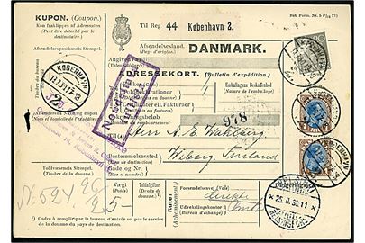 20 øre Karavel og 1 kr. Chr. X (par) på 230 øre frankeret internationalt adressekort for pakke fra København d. 18.2.1930 via Helsingfors til Wiborg, Finland. 