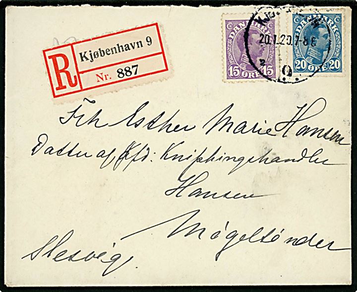 15 øre og 20 øre Chr. X på anbefalet brev fra Kjøbenhavn d. 20.1.1920 til Møgeltønder, Slesvig. Interessant indgående anbefalet brev til Sønderjylland i afstemningsperioden.