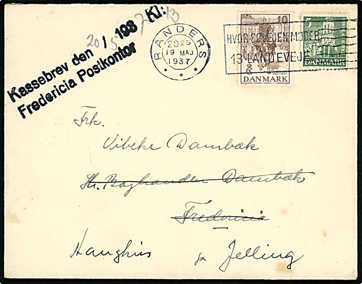5 øre Nikolai kirke og 10 øre Regentjubilæum på brev fra Randers d. 19.5.1937 til Fredericia - eftersendt til Jelling med stempel: Kassebrev den 20/5 1937 kl. 13 / Fredericia Postkontor.