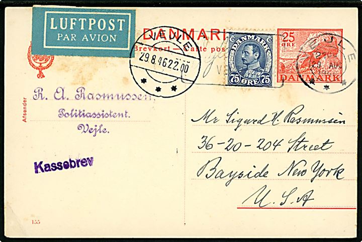 25 øre Kæmpehøj helsagsbrevkort (fabr. 155) opfrankeret med 75 øre Chr. X sendt som luftpost fra Vejle d. 29.8.1946 til Bayside, New York, USA. Violet liniestempel: Kassebrev. 