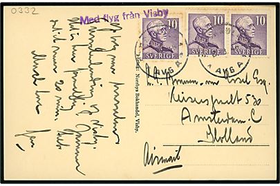 10 øre Gustaf (3) på brevkort (Sct. Nicolai ruin, Visby, Gotland) annulleret med uldent stempel i Stockholm d. 8.8.1946 og sidestemplet Med flyg från Visby til Amsterdam, Holland.
