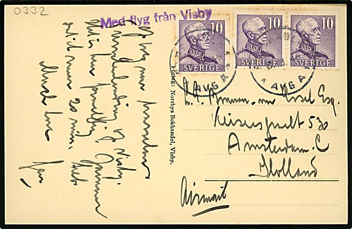 10 øre Gustaf (3) på brevkort (Sct. Nicolai ruin, Visby, Gotland) annulleret med uldent stempel i Stockholm d. 8.8.1946 og sidestemplet Med flyg från Visby til Amsterdam, Holland.