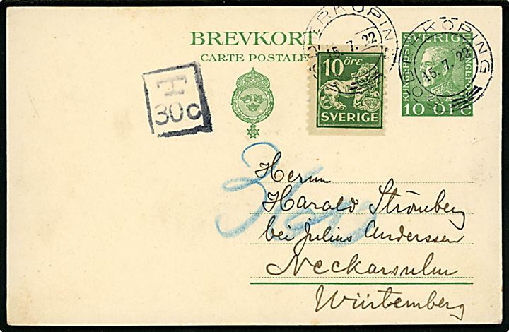 10 öre Gustaf helsagsbrevkort opfrankeret med 10 öre Løve sendt underfrankeret fra Söderköping d. 15.7.1922 til Neckarsulm, Tyskland. Sort porto-stempel T 30 c og udtakseret i 360 pfg. tysk porto.