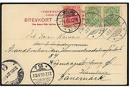 5 øre Våben i parstykke på brevkort (Adelgade, Kalundborg) stemplet Kallundborg d. 22.2.1905 til Hamburg, Tyskland. Opfrankeret med 10 pfg. Germania og eftersendt fra Hamburg d. 21.6.1905 til København.