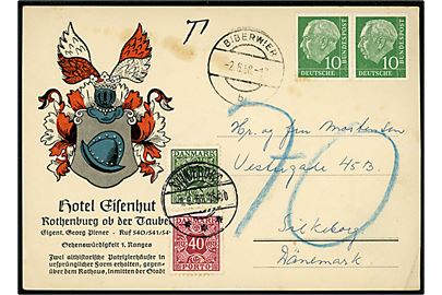 Tysk 10 pfg. (par) på brevkort sendt fra Biberweier i Østrig d. 2.6.1958 til Silkeborg, Danmark. Udtakseret i porto med 30 øre og 40 øre Portomærke stemplet Silkeborg d. 4.6.1958.
