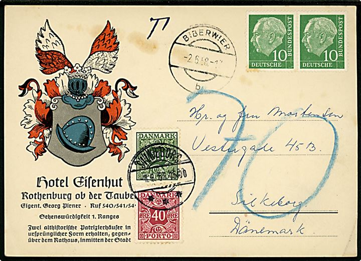 Tysk 10 pfg. (par) på brevkort sendt fra Biberweier i Østrig d. 2.6.1958 til Silkeborg, Danmark. Udtakseret i porto med 30 øre og 40 øre Portomærke stemplet Silkeborg d. 4.6.1958.