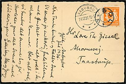 10 øre H. C. Andersen på brevkort annulleret med udslebet stjernestempel GØL og sidestemplet Aabybro d. 21.12.1936 til Taastrup.