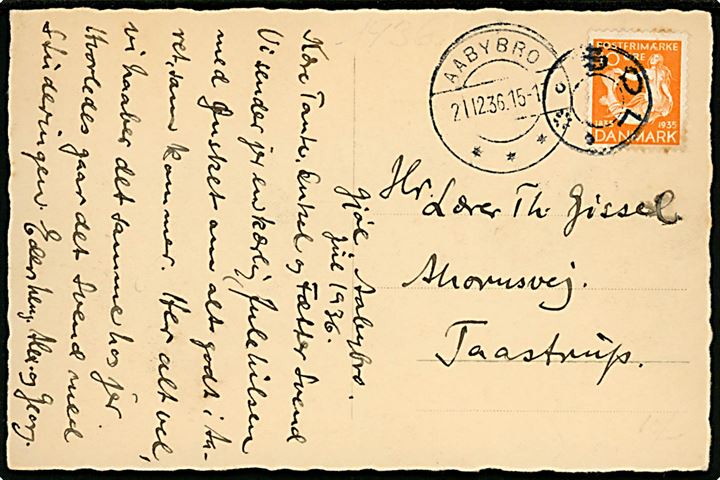 10 øre H. C. Andersen på brevkort annulleret med udslebet stjernestempel GØL og sidestemplet Aabybro d. 21.12.1936 til Taastrup.