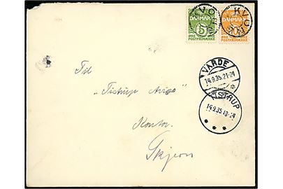 5 øre og 10 øre Bølgelinie på brev annulleret med udslebet stjernestempel KVONG og sidestemplet Varde d. 14.9.1935 til Tistrup Avis.