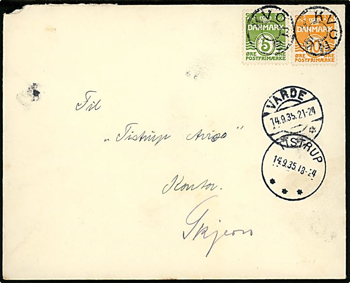 5 øre og 10 øre Bølgelinie på brev annulleret med udslebet stjernestempel KVONG og sidestemplet Varde d. 14.9.1935 til Tistrup Avis.