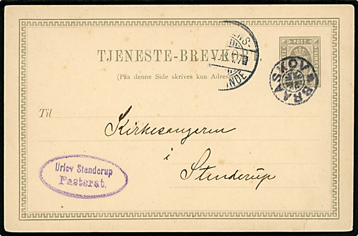 3 øre Tjenestebrevkort fra Urlev Stenderup Pastorat dateret i Urlev d. 14.2.1908 annulleret med stjernestempel BRAASKOV og sidestemplet bureau Horsens - Juelsminde T.7 til Stenderup.