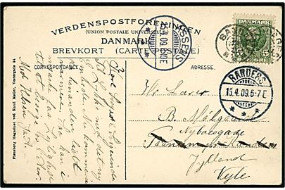 5 øre Fr. VIII på brevkort (Munkemose i Odense) annulleret med stjernestempel SANDAGER og sidestemplet Assens d. 15.4.1909 til Vejle. 