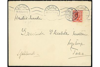 20 øre Chr. X single på brev annulleret med stjernestempel VEJLEFJORD og sidestemplet Vejle d. 26.10.1926 til Faxe.