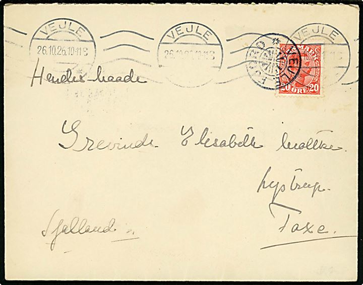 20 øre Chr. X single på brev annulleret med stjernestempel VEJLEFJORD og sidestemplet Vejle d. 26.10.1926 til Faxe.