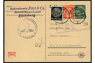 6 pfg. Hindenburg helsagsbrevkort opfrankeret med 1 pfg. og 8 pgf. Hindenburg fra Bückeburg d. 30.6.1941 til Madrid, Spanien. Både tysk og spansk censur.