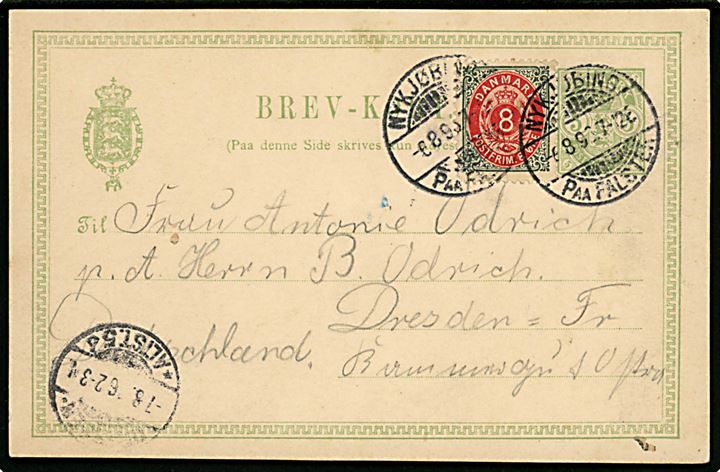 5 øre Våben helsagsbrevkort opfrankeret med 8 øre Tofarvet omv. rm. fra Nykjøbing paa Falster d. 6.8.1896 til Dresden, Tyskland.