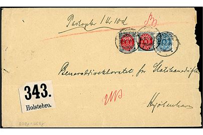 4 øre omv. rm. og 8 øre (par) omv. rm. Tofarvet på 20 øre frankeret brev med Postopkrævning fra Holstebro d. 30.9.1901 til Kjøbenhavn. Urent åbnet i højre side.