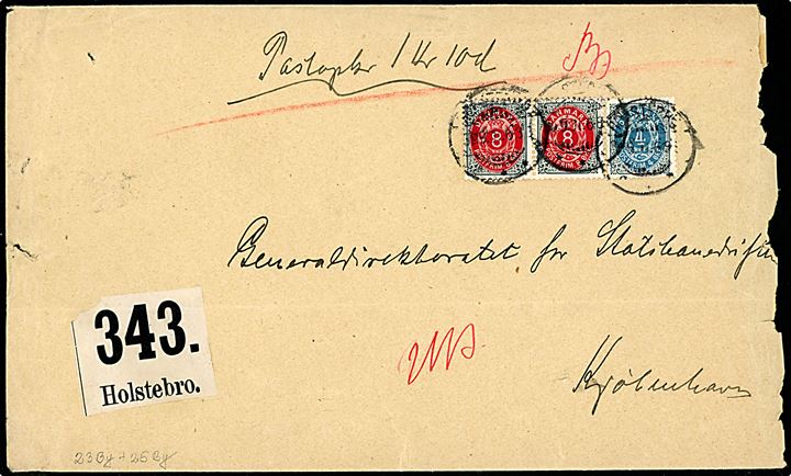 4 øre omv. rm. og 8 øre (par) omv. rm. Tofarvet på 20 øre frankeret brev med Postopkrævning fra Holstebro d. 30.9.1901 til Kjøbenhavn. Urent åbnet i højre side.