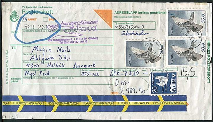 20 kr. Svaner og 50 kr. Jagtfalk (3) på adressekort for pakke med opkrævning fra Göteborg d. 15.3.1988 til Holbæk, Danmark.