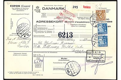 40 øre Karavel (par) og 1 kr. Chr. X på internationalt adressekort for pakke fra Vanløse d. 18.11.1942 til Oslo, Norge.