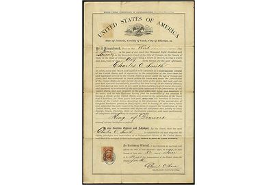 5 cents U.S. Inter. Revenue Agreement mærke annulleret Daniel O'Hara, Chicago Ill d. 3.6.1870 på Minor's final certificate of Naturalization for dansk mand, Charles O. Smith, som ønsker amerikansk statsborgerskab. Komplet dokument med folder. 