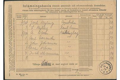 Indleveringskvittering for værdi og rekommanderede forsendelser stemplet Hälsingborg d. 17.4.1937.