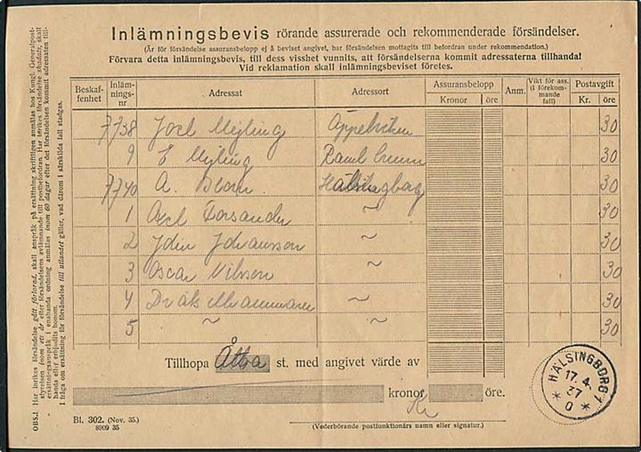 Indleveringskvittering for værdi og rekommanderede forsendelser stemplet Hälsingborg d. 17.4.1937.