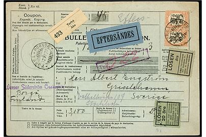 10 mk. Løve i parstykke på internationalt adressekort for pakke fra Borgå d. 12.11.1922 via Stockholm til Grisslehamn, Sverige - eftersendt til Stockholm.