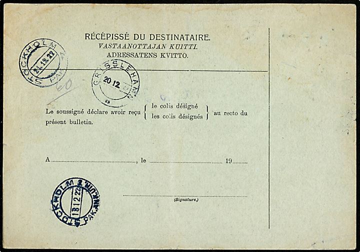 10 mk. Løve i parstykke på internationalt adressekort for pakke fra Borgå d. 12.11.1922 via Stockholm til Grisslehamn, Sverige - eftersendt til Stockholm.