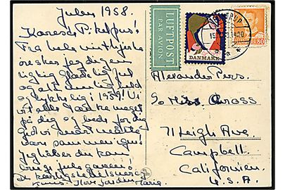80 øre Fr. IX og Julemærke 1958 på luftpost brevkort fra Vejstrup d. 19.12.1958 til Campbell, USA.