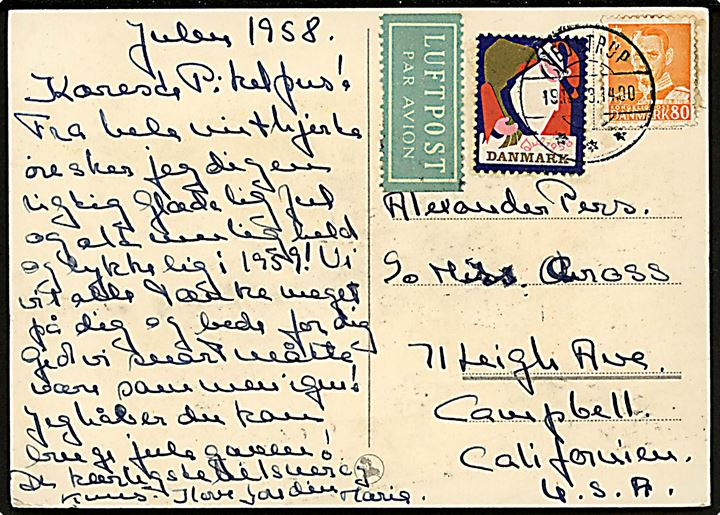 80 øre Fr. IX og Julemærke 1958 på luftpost brevkort fra Vejstrup d. 19.12.1958 til Campbell, USA.