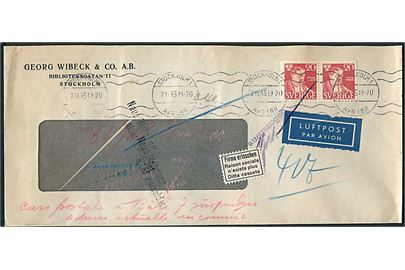 20 öre Rydberg i parstykke på rudekuvert sendt som luftpost fra Stockholm d. 7.11.1945 til Basel, Schweiz. Retur med label vedr. firma lukket.