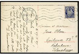15 øre Posthorn med perfin S.B. på brevkort (Oslo, Storetorv med sporvogn) fra Oslo d. 29.8.1927 til København, Danmark.