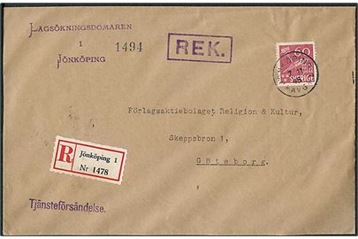 60 öre Svensk Presse single på anbefalet tjenesteforsendelse fra Jönköping d. 7.11.1945 til Göteborg.