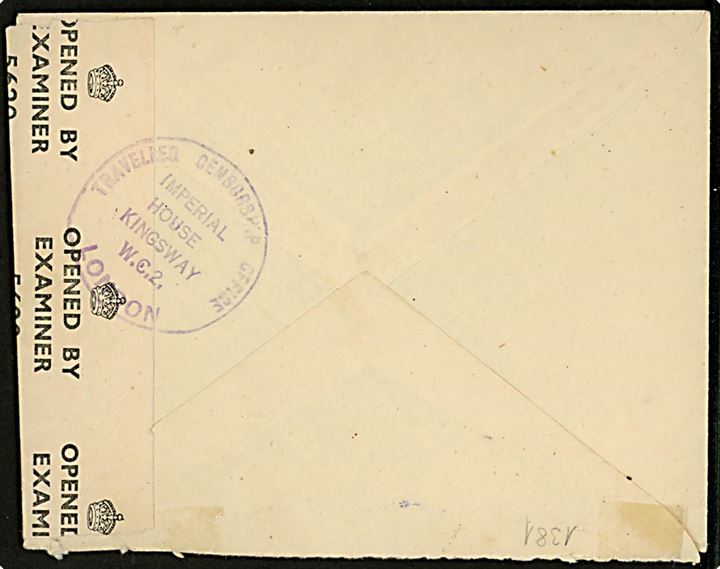 ½d (defekt) og 2½d George VI på brev fra London d. 23.6.1945 til Søby skole pr. Flemløse, Danmark. Åbnet af britisk censur PC90/5620 med sjældent stempel: Traveler Censorship Office / Imperial House Kingsway W.C.2 London.