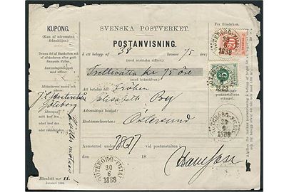 5 öre og 20 öre Ciffer med posthorn på postanvisning stemplet Göteborg Filial d. 30.6.1888 til Östersund. Flosset i kanterne.