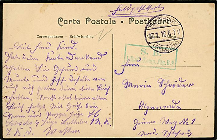 Belgien, Desschel (Sluis 4). Anvendt som ufrankeret feltpostkort fra sønderjysk soldat i Turnhout d. 27.1.1916 til Apenrade.