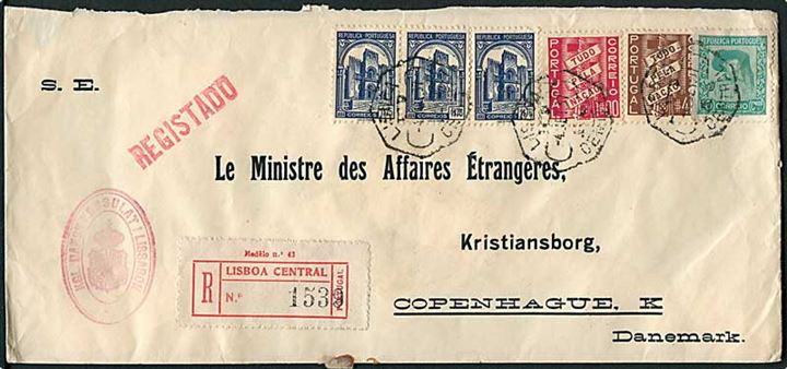 6$75 frankeret officiel anbefalet kuvert fra danske ambassade i Lissabon d. 4.9.1937 til Udenrigsministeriet i København.