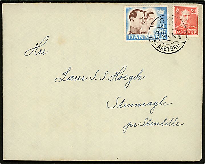 20 øre Chr. X og Julemærke 1947 på brev annulleret med pr.-stempel Gøl pr. Aabybro d. 23.12.1947 til Stenmagle pr. Stenlille.