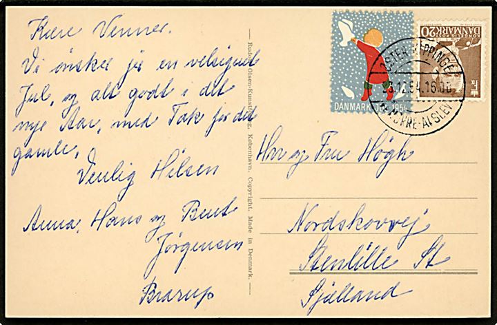 20 øre Fr. IX og Julemærke 1954 på julekort annulleret med pr.-stempel Øster-Klippinge pr. Nørre-Alslev d. 23.12.1954 til Stenlille.