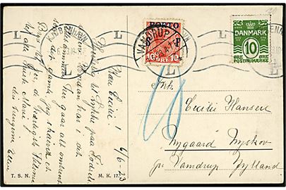 10 øre Bølgelinie på underfrankeret brevkort fra København d. 6.6.1923 til Vamdrup. Udtakseret i porto med 10 øre Chr. X Porto-provisorium stemplet Vamdrup d. 7.6.1923.