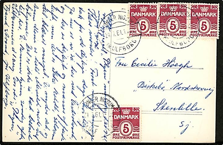 5 øre Bølgelinie (4) på brevkort (Vesterhavet, Fjand Strand) annulleret med pr.-stempel Sønder Nissum pr. Ulfborg d. 24.7.1961 til Stenlille.