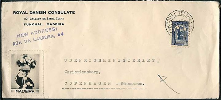 1$75 single på officiel kuvert fra danske konsulat i Funchal på Madeira d. 22.12.1937 til Udenrigsministeriet, København.