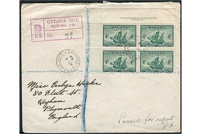 4 c. Cabot's Matthew i fireblok på anbefalet brev fra Ottawa d. 1.4.1949 til Plymouth, England.