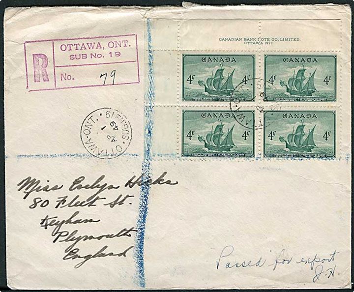 4 c. Cabot's Matthew i fireblok på anbefalet brev fra Ottawa d. 1.4.1949 til Plymouth, England.