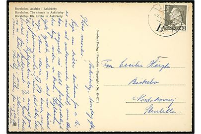 40 øre Fr. IX på brevkort annulleret med brotype Vd Åkirkeby B. sn1 d. 29.7.1965 til Stenlille.
