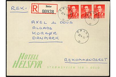 45 øre Olav i 3-stribe på illustreret hotelkuvert sendt anbefalet fra Bøler d. 25.4.1962 til Korsør, Danmark.