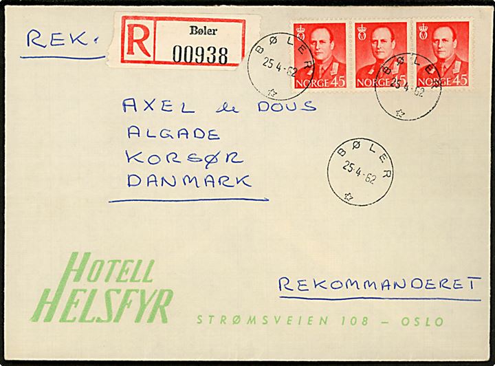 45 øre Olav i 3-stribe på illustreret hotelkuvert sendt anbefalet fra Bøler d. 25.4.1962 til Korsør, Danmark.