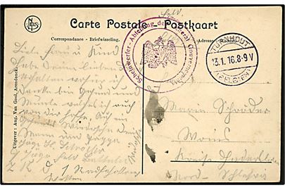Ufrankeret feltpostkort fra tysk besat Belgien stemplet Turnhout (Belgien) d. 13.1.1916 til Haderslev i Nordslesvig. Afd.-stempel: Scheinwerfer-Abteilung des General Gouvernements.
